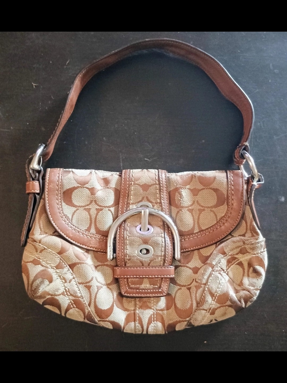 Coach Tan Signature Canvas Shoulder Bag with Buckle